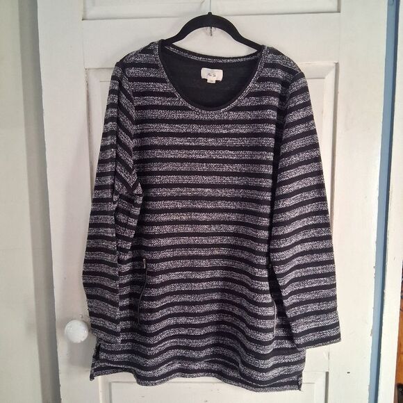 Per Se Tops - Per Se Black with Gray Marled Stripes Tunic Top with Zipper Details Size 1X